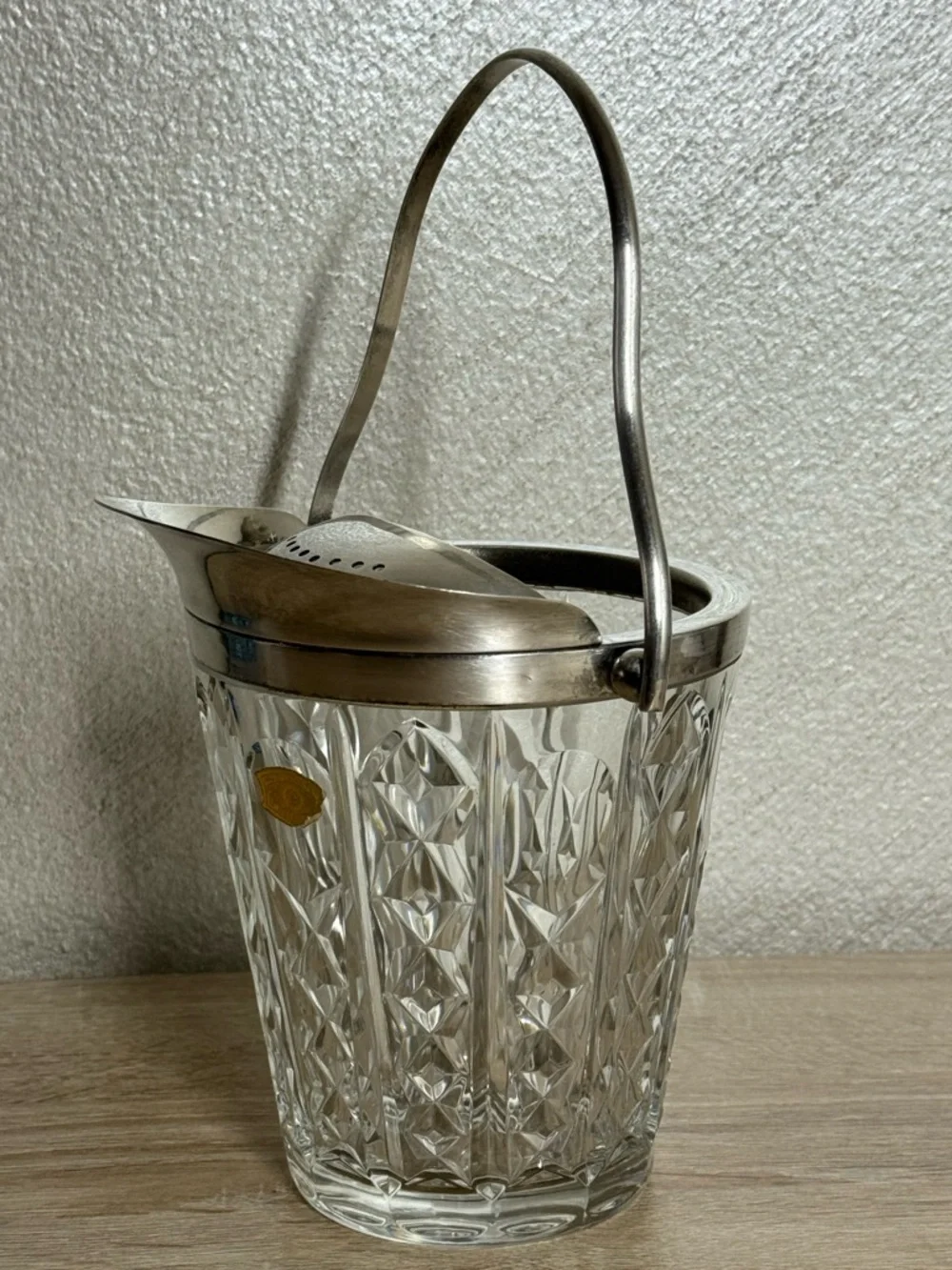 VTG Ice Bucket Val St Lambert Crystal & Silver Plate Handled Signed Barware